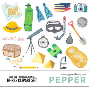 Exploring & Adventure Watercolor Painted Illustrations, Hand Drawn Digital Hi Res Printable Drawings, Exploration Kids Clipart