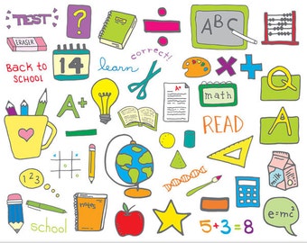 Kids Learning Clipart Set - Hi Res Printable School & Teacher Doodle Illustrations, Transparent PNG files