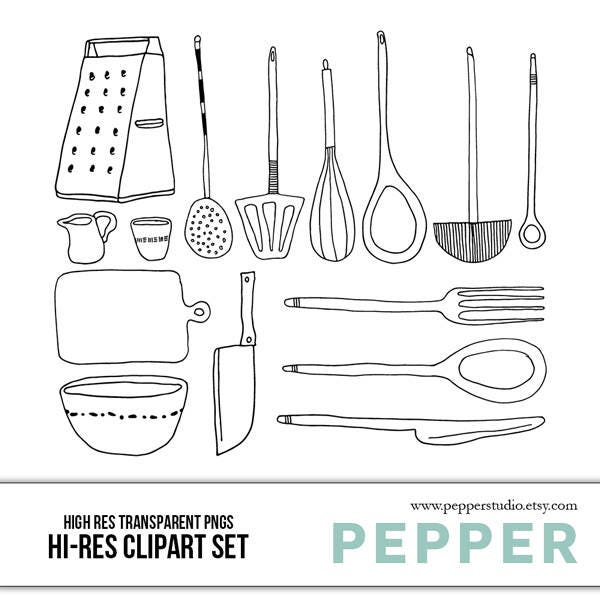 Kitchen Tools Ink Clipart Set - Cooking Utensils Line Drawings, Hi Res Art Black Doodle Illustrations, Transparent PNGs and EPS vector