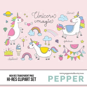 Licorne Doodle Clipart Set - icônes d’anniversaire, Pastel, Invitations, fête, filles, enfants, magie, arc en ciel, Couronne, de mignonnes Illustrations, PNG, vecteur