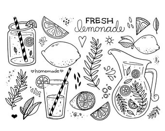 Lemonade Doodle Clipart Set - Hi Res Printable Lemons and Lemonade Icons, Hand Drawn Summer Illustrations, Fruit, Kids, Transparent PNG