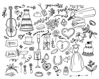 Wedding Bells Doodle Clipart - Bridal Shower, DIY Wedding, Wedding Illustrations, Hand Drawn Illustrations, Blackline Wedding, PNGs