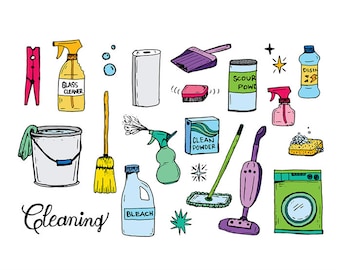 Cleaning Doodle Clipart Set - Hi Res Printable Cleaning Supplies & Services Icons, Vector Art, Hand Drawn Illustrations, Transparent PNG