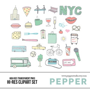 NYC Doodle Clipart Set - Hi Res stampabile icone pastello, vacanze a New York Doodles, illustrazioni disegnate a mano, PNG trasparenti