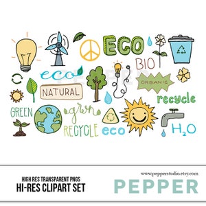 Recycling von Erde und Energie-Clipart-Set - Eco Energie Solar Windkraft, Hallo-Res druckbare Tinte Doodle Illustrationen, transparente PNGs und AI