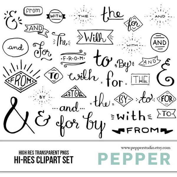 Connecting Words and Ampersands Clipart Set - Doodle Word Illustrations, Transparent PNG files, And By For The With From