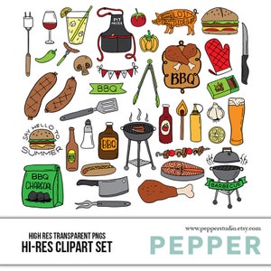 Summer BBQ Clipart Set - Barbecue, Grill, Party, Doodle Icons, Blackline & Color, EPS/Transparent PNGs