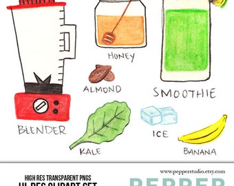 Smoothie Watercolor Doodles Illustrated Clipart Scrapbooking Blender Honey Almonds Kale Banana Digital Transparent PNGs Smoothie Watercolor Doodles Illustrated Clipart Scrapbooking Blender Honey Almonds Kale Banana Digital Transparent PNGs
