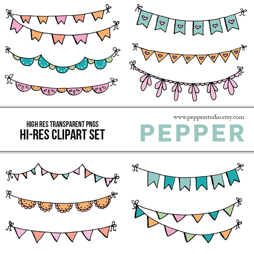 Bunting Banner Clipart Set - Birthday Party Clip Art, Invitations, Hi ...