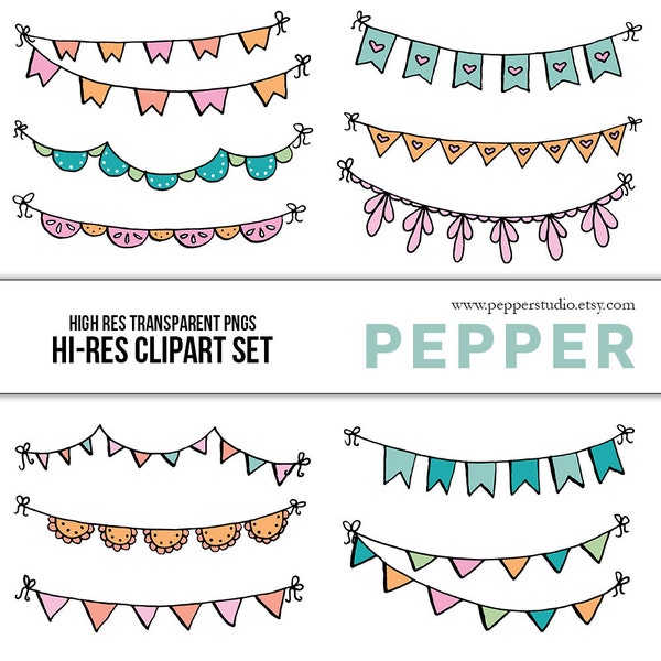 Bunting Banner Clipart Set - Birthday Party Clip Art, Invitations, Hi Res Printable Doodle Illustrations