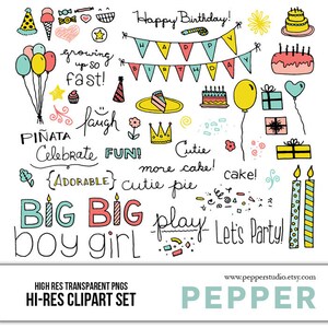 Birthday Party Clipart Set - Salut Res Printable Birthday Doodle Illustrations pour Scrapbooking, Fichiers PNG Transparent