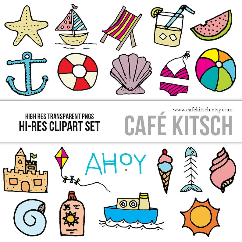 Download Beach Clip Art Set Doodle Elements Sea Ocean Nautical | Etsy