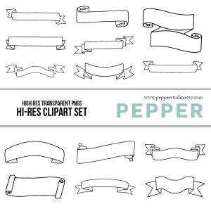 Doodle Banners Clipart Set - Hi Res Printable Ribbon Banner Doodle Illustrations, Transparent PNG files and eps vectors