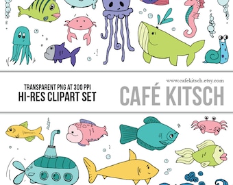 Fish Clipart Set - Hi Res Printable Marine Sea Life Underwater Doodle Illustrations for Decorating and Scrapbooking