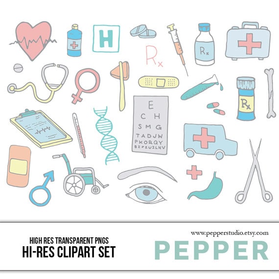 Medical Supplies Doodle Clipart Set - Hi Res Printable Illustrations,  Doctor, Hospital, Health, Prescription, Pills, Transparent PNG files