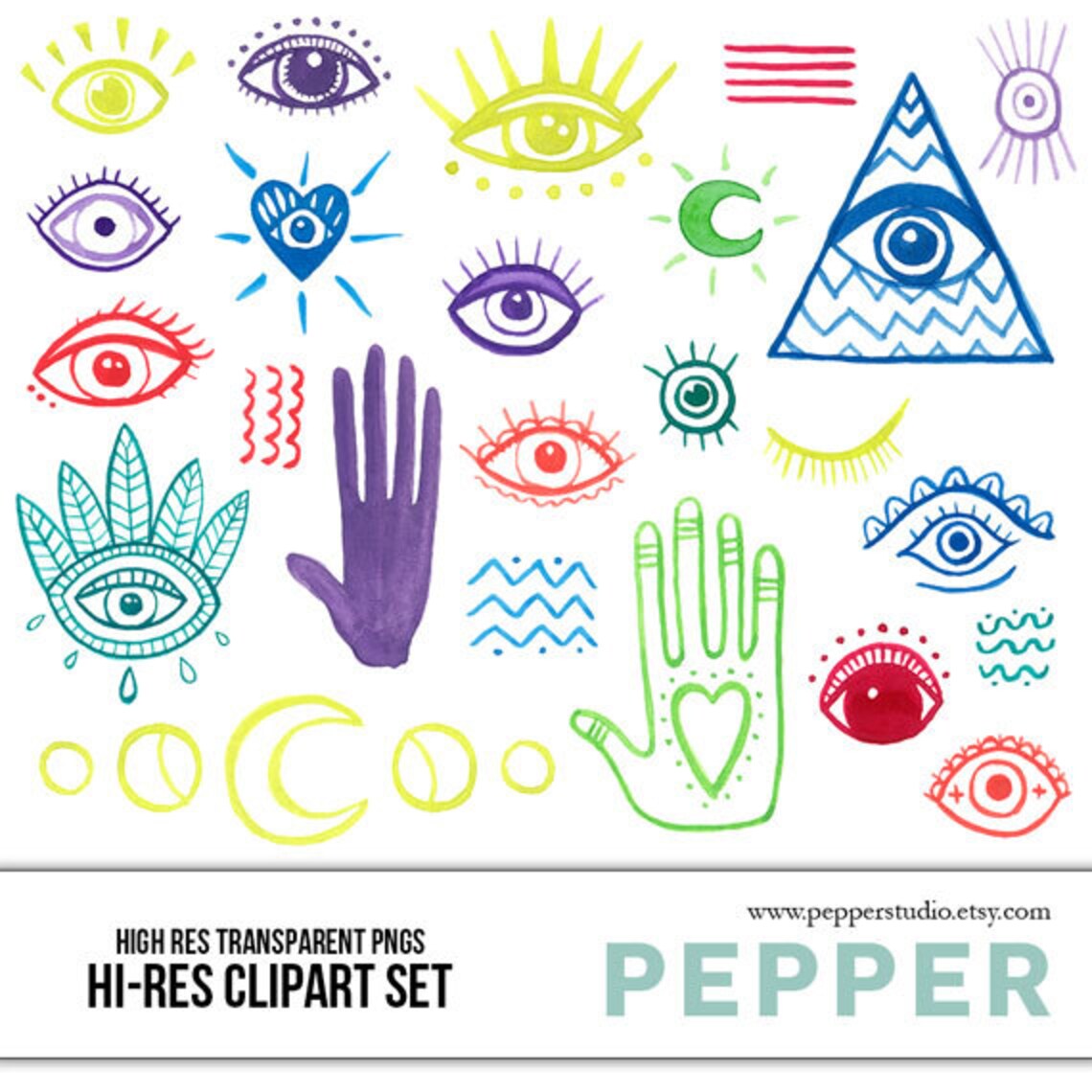 Watercolor Hamsa Evil Eye Clipart Set - Hi Res Printable Hand Painted ...