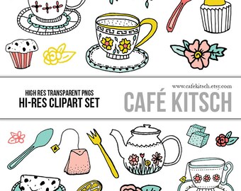 Tea Time Clipart Set - Hi Res Printable Tea and Bakery Doodle Illustrations for Decorating and Scrapbooking