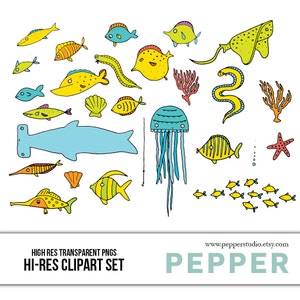 Conjunto de clipart de peixes do oceano - ilustrações de doodle de peixes e corais para impressão em alta resolução, arquivos PNG e eps transparentes