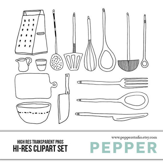 Kitchen Tools Ink Clipart Set - Cooking Utensils Line Drawings, Hi Res Art  Black Doodle Illustrations, Transparent PNGs and EPS vector