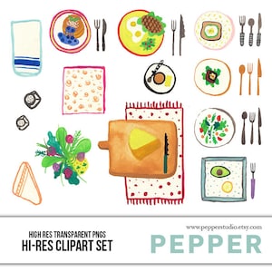 Dinner Table Watercolor Doodles, Illustrated Clipart, Supper Plates, Dining Out, Restaurant, Invitation, Digital DIY, Transparent PNGs