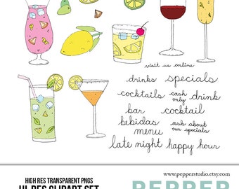 Drink Menu Doodle Clipart Set - Hi Res Printable Color Doodle Illustrations, Transparent PNG files & editable vector eps