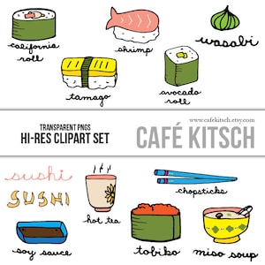 Sushi Clip Art Set - Japanese Food Doodle Illustrations - Transparent PNGs