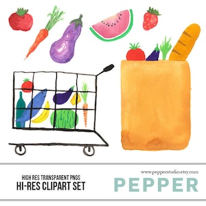 Groceries Watercolor Doodles, Imágenes Prediseñadas Ilustradas, Scrapbooking, carrito de compras, bolsa de comestibles, verduras, imágenes prediseñadas digitales, PNGs transparentes