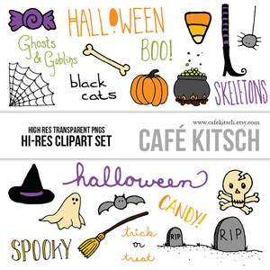 Halloween doodle set-spoken, spinnenwebben, pompoenen, grafstenen, snoep, bezem, schedel, heks, transparante PNG-bestanden, hi res