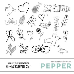 In the Garden Line Drawing Doodle Clipart Set - Hi Res Hand Painted Doodles, Transparent PNGs and EPS file