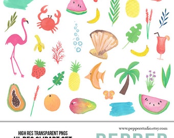 Tropical Vibes Clipart Set - Hi Res Printable Caribbean Watercolor Doodle Illustrations, Transparent PNG files