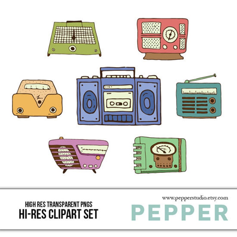 Old Radios Clipart Set - Hi Res Printable Vintage Retro Radios Doodle ...