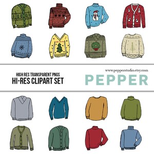 Christmas Sweaters Clipart Set - Hi Res Printable Ink Doodle Illustrations, Holiday Doodles, Transparent PNGs and EPS