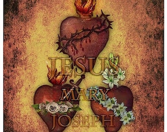 The Three Hearts Catholic Fine Art Print/Picture, The Sacred Heart of Jesus, Mary & Joseph