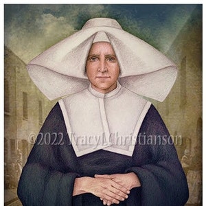 May include: A woman wearing a white habit with a black robe and a white veil. She is standing in front of a building with a cloudy sky in the background.