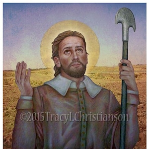 May include: A painting of a man with a beard and a halo, wearing a brown tunic and holding a wooden staff with a metal blade. The background is a field of brown grass and a blue sky.