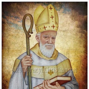 May include: A watercolor painting of a man wearing a white and gold bishop's robe and a yellow mitre. He is holding a book and a crosier. The background is a muted brown and gold.