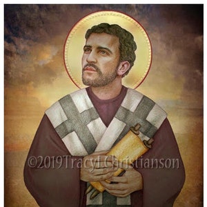 May include: A painting of a man with a beard and dark hair, wearing a white and black robe, holding a scroll. He is standing in front of a yellow halo with a red outline. The background is a brown and orange sky.