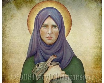 St. Melangell Print, Catholic Art, Patron of  rabbits, small animals, and the natural environment
