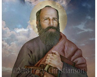 May include: A portrait of a man with a halo, holding a saw and a wooden tool. He has a long beard and is wearing a robe. The background shows a cloudy sky and a field. The text "©2018 Tracy L Christianson" is visible.