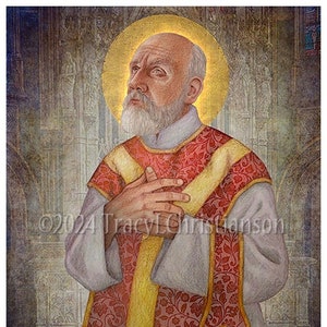 May include: A painting of a man in a white and red robe with a gold halo. He has a white beard and is holding his hands together in prayer. The background is a blurry image of a church.
