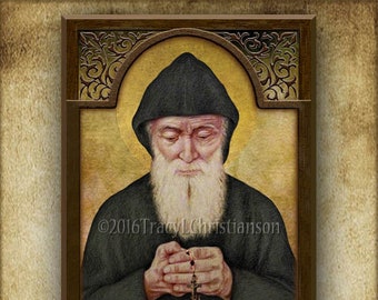 St. Charbel Makhlouf Wood Plaque & Holy Card GIFT SET, Catholic Lebanese Maronite Saint