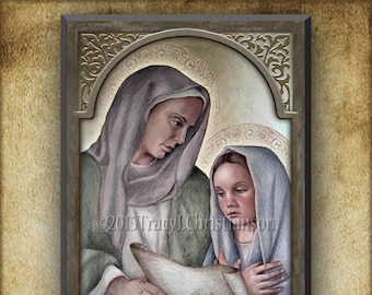 St. Ann, Anne and the Child Mary Wood Icon & Holy Card GIFT SET, for Mothers Day, New Moms