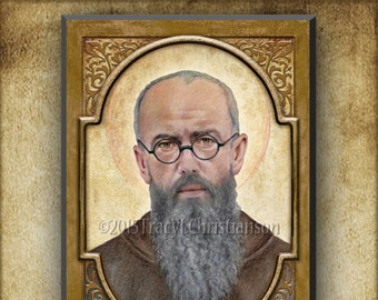 St. Maximilian Kolbe Wood Plaque & Holy Card GIFT SET, Catholic Patron of Pro Life