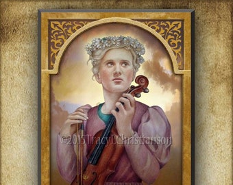 St. Cecilia Wood Icon & Holy Card GIFT SET, Catholic Patron Saint of Musicians