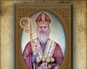 St. Nicholas Wood Plaque & Holy Card GIFT SET, Catholic Patron Saint of Children