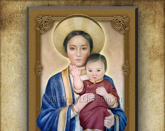 Our Lady of LaVang Wood Icon and Holy Card GIFT SET, Queen Mother of Vietnam