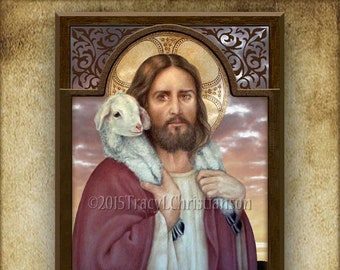 The Good Shepherd Wood Plaque and Holy Card GIFT SET for a Christian Baptism