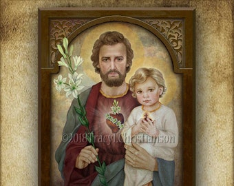 St. Joseph, Chaste Heart and Baby Jesus Wood Icon/Plaque & Holy Card GIFT SET, for  Christening, Fathers Day