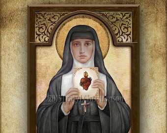 St. Margaret Mary Alacoque Wood Icon & Holy Card GIFT SET, The Sacred Heart Jesus