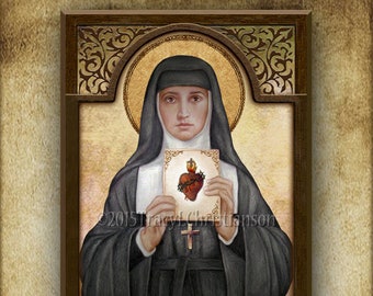 St. Margaret Mary Alacoque Wood Icon & Holy Card GIFT SET, The Sacred Heart Jesus